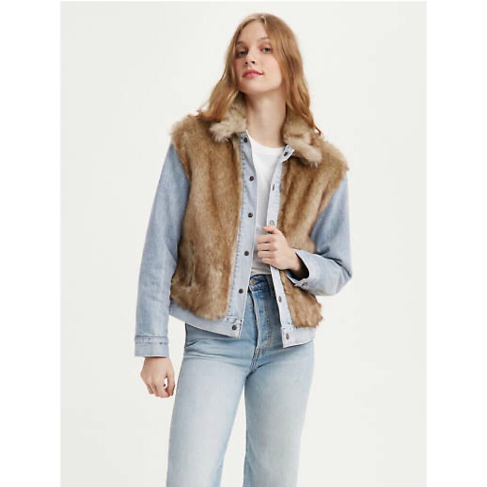 Levis Oversized Fur Trucker Jacket Sz XS Light Wash Blue Camel Button Up Denim
